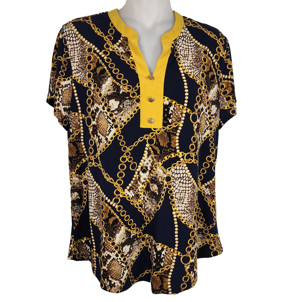 Atelier 29 Womens Top Gold Chain Link Print Snakeskin Blue Split Neck Button L